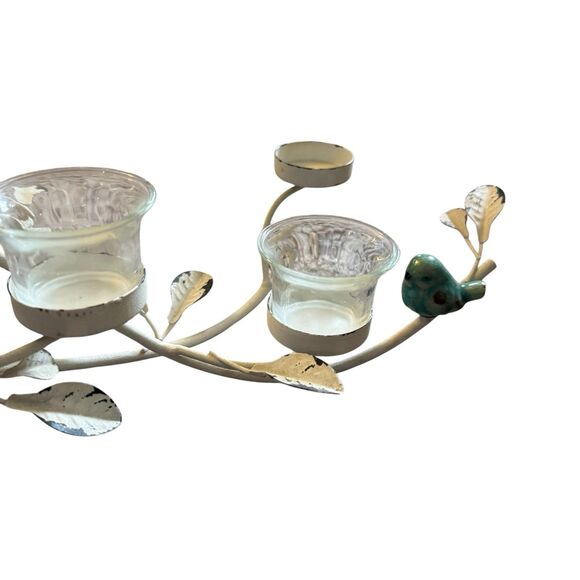 Metal Branch Centerpiece Candle Holder Blue Birds White Patina Whimsical Cottage - Picture 2 of 8